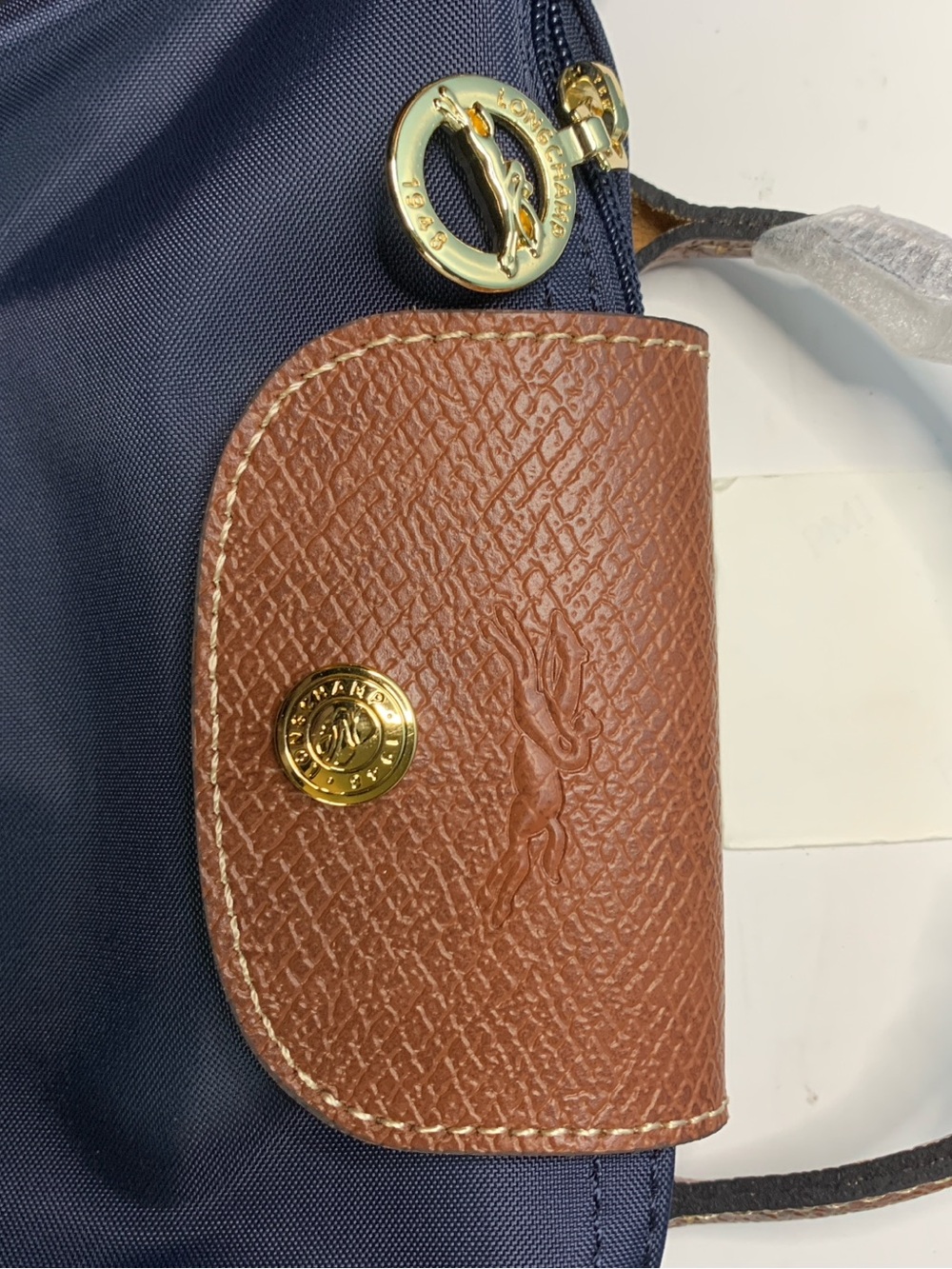 Longchamp Viral Navy Mini Top-Handle Canvas Bag with Brown Trim
